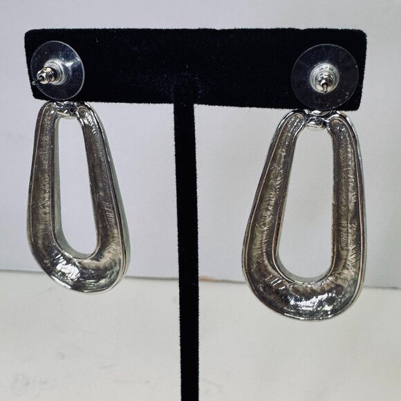 Silver Tone Statement Earrings Metal Dangling Pierced Large - Picture 4 of 5